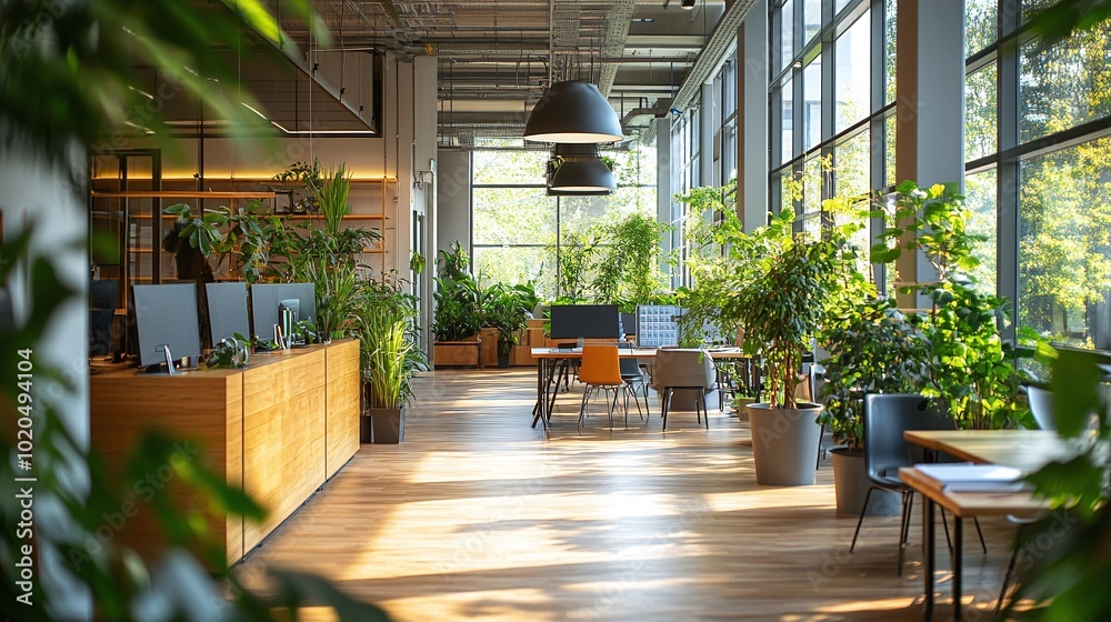 modern eco-friendly office space with wooden furniture and plants creating a productive and sustainable environment for an innovative startup company focused on workplace health modern eco-friendly office space with wooden furniture and plants creating a productive and sustainable environment for an innovative startup company focused on workplace health