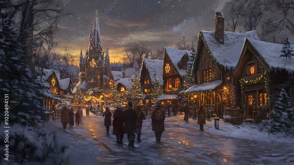 Enchanting Snow Covered Village With Twinkling Christmas Lights and Warm Cottages on a Magical Holiday Eve Enchanting Snow Covered Village With Twinkling Christmas Lights and Warm Cottages on a Magical Holiday Eve