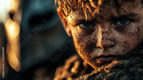 A child covered in dirt gazes resolutely, with a shadowy figure suggesting protection or threat in an evocative and dramatic environment.