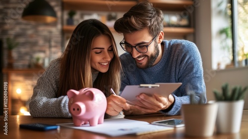 Family budget management: A young couple planning their savings together with a pink piggy bank on the table