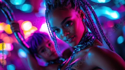 Featuring two elegant women in a vibrant setting with braids and striking neon fashion, this image captures the allure of contemporary beauty and style. photo