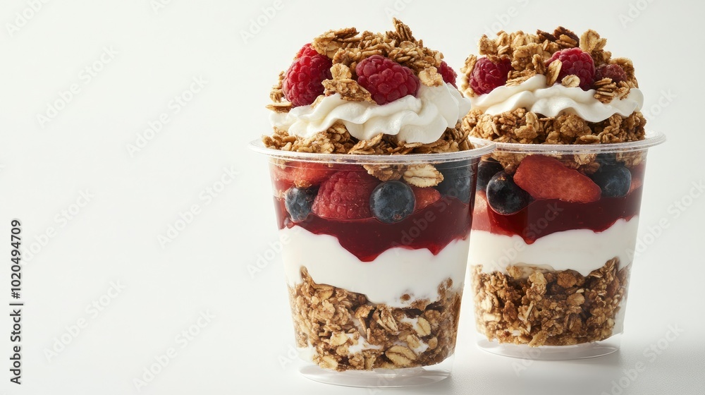 Kid-friendly yogurt parfaits with layers of fruit, granola, and nuts on a clean white background. Copy space included Kid-friendly yogurt parfaits with layers of fruit, granola, and nuts on a clean white background. Copy space included