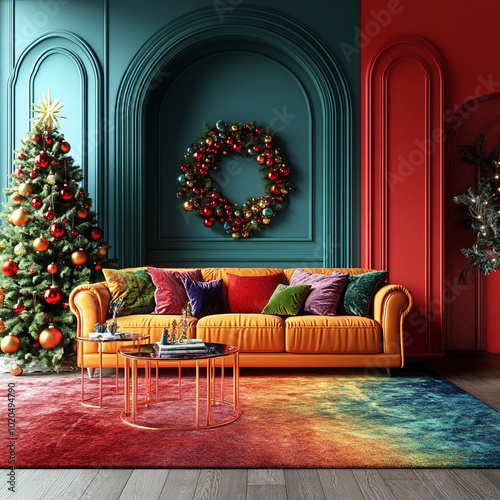 A vibrant living room adorned with eclectic Christmas decor features colorful orange sofa, beautifully decorated Christmas tree, and festive atmosphere. rich colors and textures create warm and inviti photo