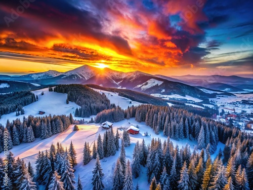 Sunset Over Svydovets Range at Dragobrat Ski Resort in Ukraine - Breathtaking Aerial View photo