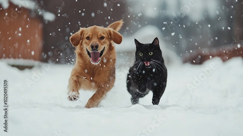 Winter Fun: Dog and Cat Playfully Running Through the Snow photo