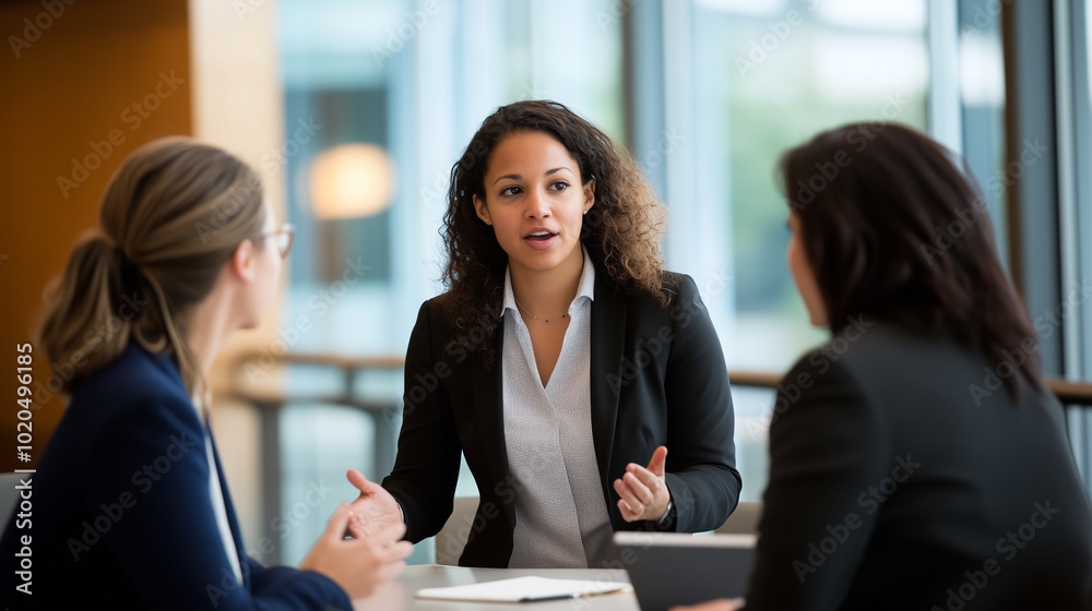 Three women, each dressed in professional attire, are having a focused discussion during a business seminar. One woman, mid-sentence, leads the conversation while the others follow Three women, each dressed in professional attire, are having a focused discussion during a business seminar. One woman, mid-sentence, leads the conversation while the others follow