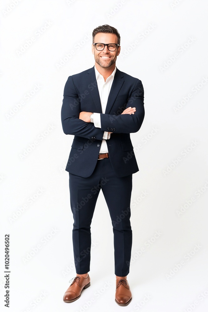 Confident 30s man, smiling male model wearing glasses looking at camera in stylish suit isolated on white background. Optics specs eyewear ads. Confident 30s man, smiling male model wearing glasses looking at camera in stylish suit isolated on white background. Optics specs eyewear ads.