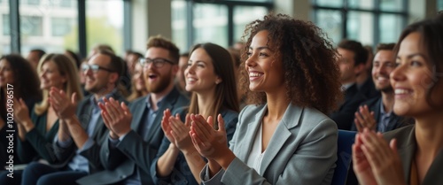 A group of business professionals in an audience applauding with smiles, showing appreciation and engagement. The image captures a moment of recognition and success in a corporate environment.