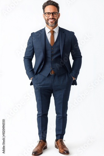 Confident 30s man, smiling male model wearing glasses looking at camera in stylish suit isolated on white background. Optics specs eyewear ads.