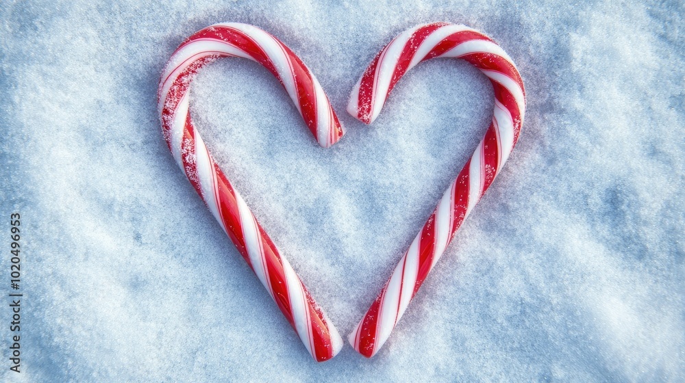 Red and white candy canes arranged in a heart shape on a snowy background with space for copy