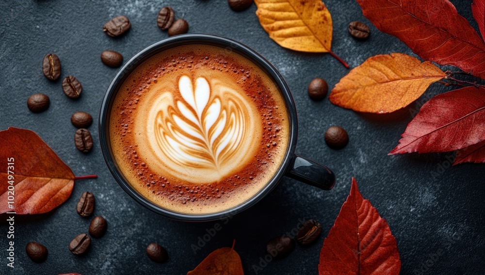 Autumnal Latte with Coffee Beans and Fall Leaves Autumnal Latte with Coffee Beans and Fall Leaves