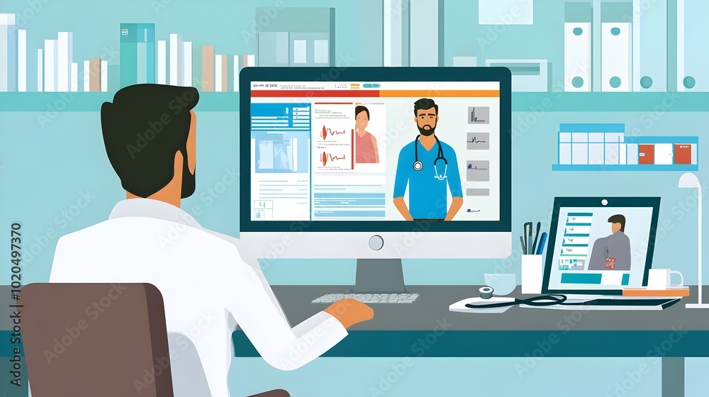 Doctor Conducts Telemedicine Consultation with Patient on Computer Screen in Professional Office Setting Doctor Conducts Telemedicine Consultation with Patient on Computer Screen in Professional Office Setting