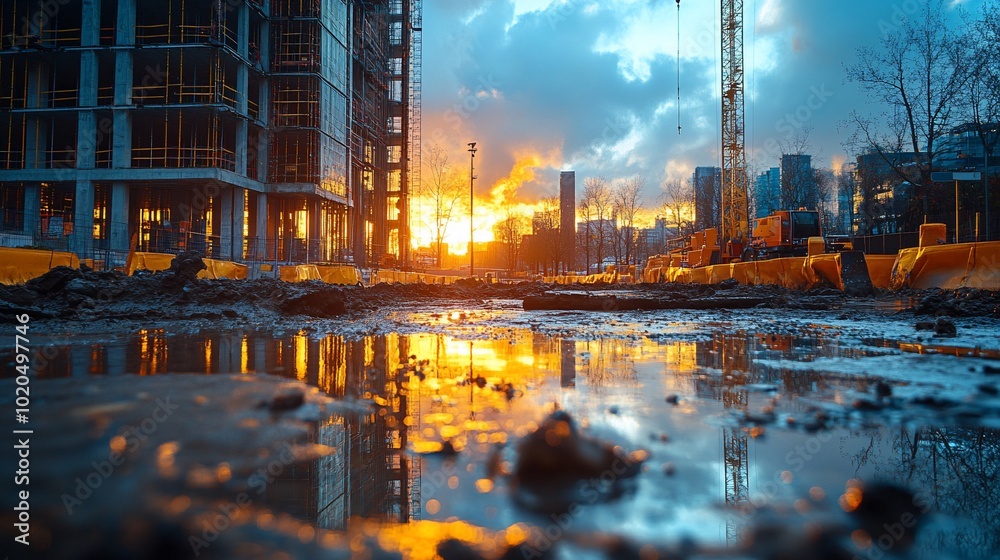 Fototapeta premium A puddle reflects the setting sun on a construction site with cranes and buildings in the background.