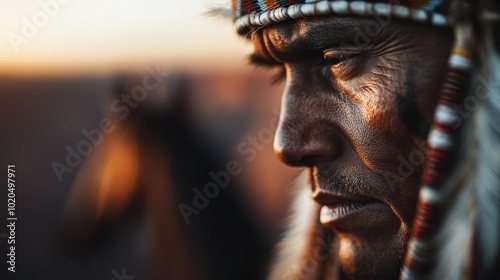 An elder's stoic gaze is framed by a beautifully intricate ceremonial headdress, set against the backdrop of a majestic sunset, exuding wisdom and tradition. photo