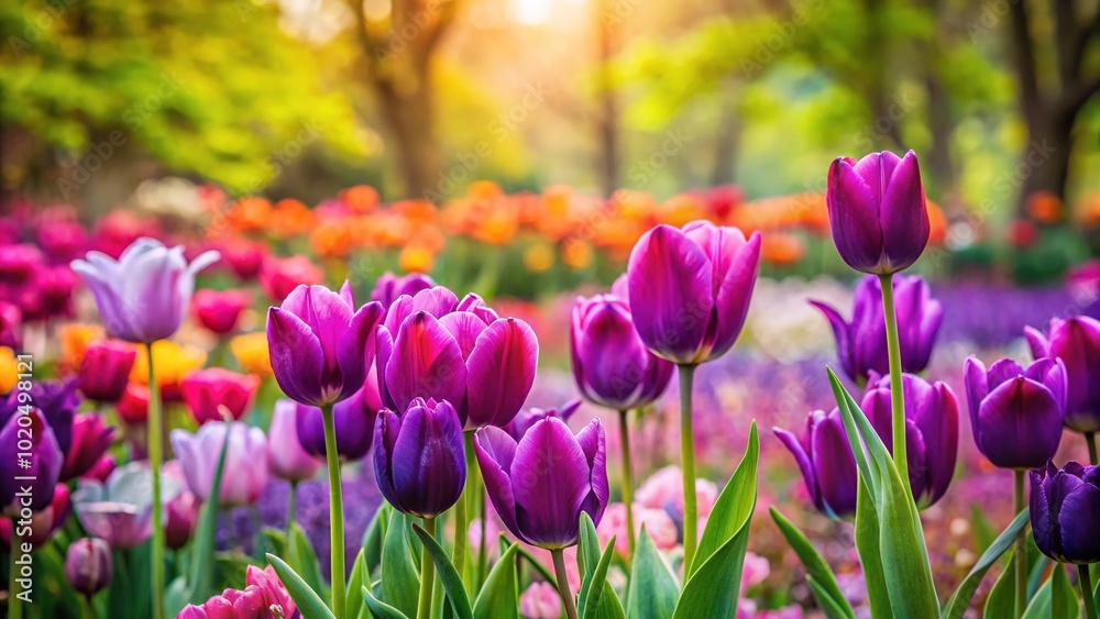 Vibrant Purple Tulips in a Spring Flower Garden - Tilt-Shift Photography Vibrant Purple Tulips in a Spring Flower Garden - Tilt-Shift Photography