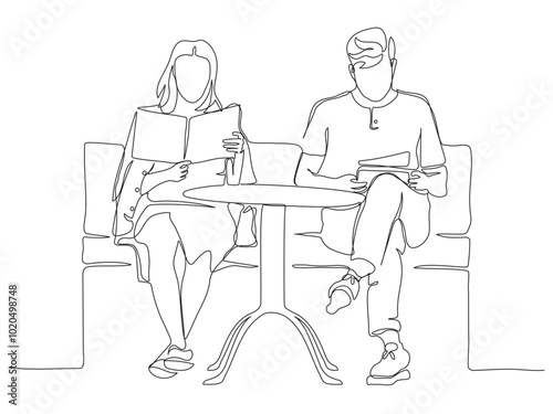 Couple looking at menu at street cafe table. Continuous line drawing. Black and white vector illustration in line art style.