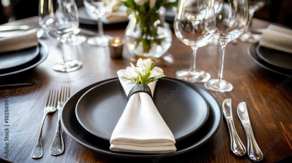 Stylish and modern table setting with sleek black plates, silver cutlery, and a white linen napkin. Copy space included