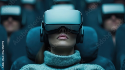 Close-up image of a woman wearing a virtual reality headset in a theater setting, capturing the essence of future innovation and exploration through technology.