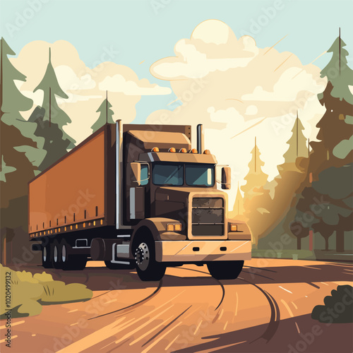 Truck on road vector flat illustration on bright background. Online cargo delivery service, logistics or tracking app concept.