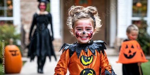 A close-up photo shows a happy child in a spooky Halloween costume. The child has intricate face paint and is smiling. The blurry background suggests a fun party.