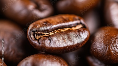 Close-up image of glossy, richly textured roasted coffee beans showcasing their fresh, aromatic quality and the promise of a flavorful morning brew experience. photo