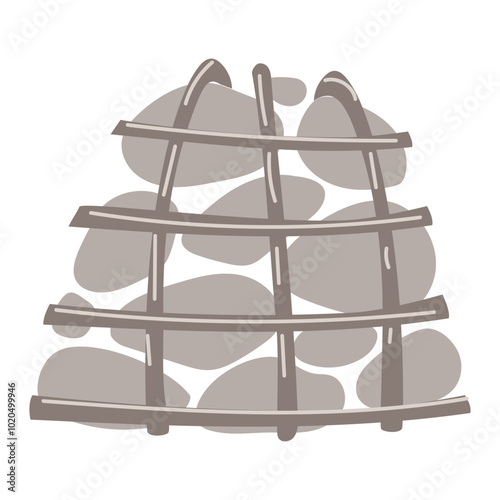 baths and saunas stove made of stones in a grid to create steam. an isolated object made of metal and a handful of stones. Equipment for baths, saunas, high temperature, humidity. Flat art of doodles.