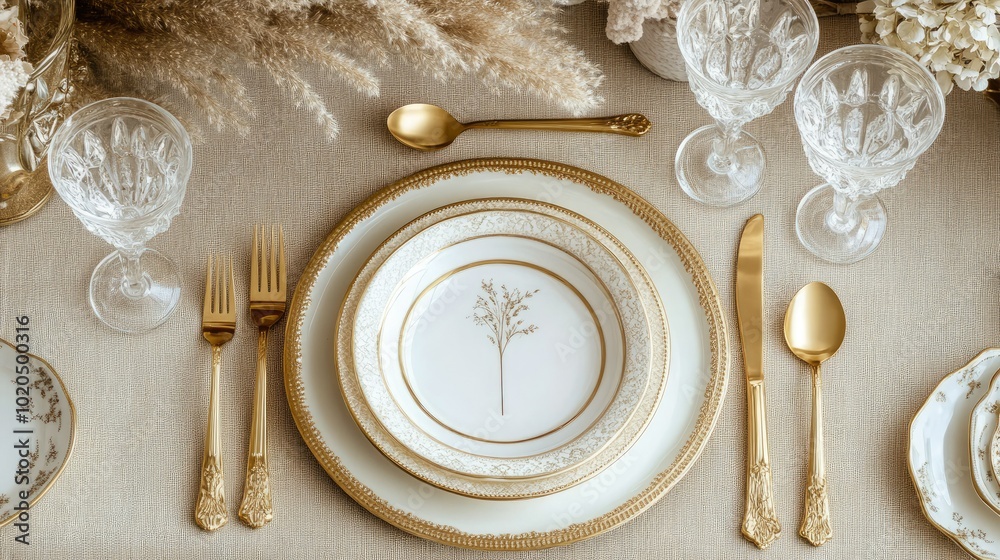 Top view of a luxurious table setting with gold cutlery, crystal glasses, and white plates, with room for text Top view of a luxurious table setting with gold cutlery, crystal glasses, and white plates, with room for text