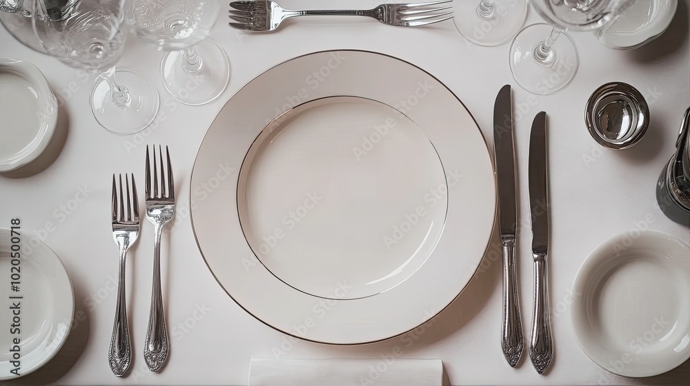 Top view of a refined table arrangement with stylish empty plates and cutlery, perfect for formal dinners. Copy space Top view of a refined table arrangement with stylish empty plates and cutlery, perfect for formal dinners. Copy space
