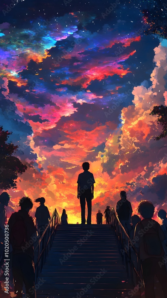 A man stands on the stairs, silhouette of people in a colorful sky background A man stands on the stairs, silhouette of people in a colorful sky background