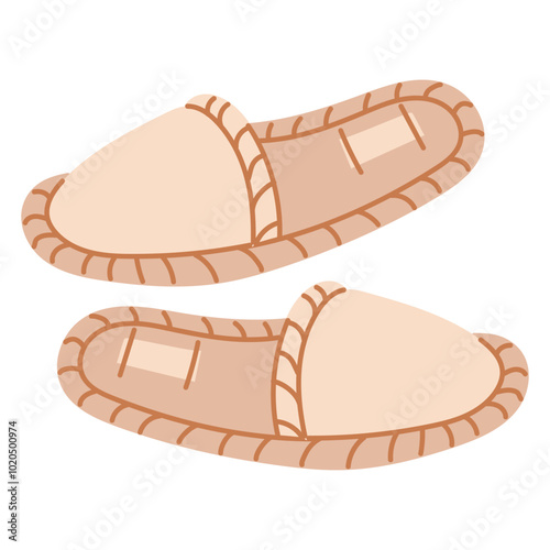 Vector illustration of a pair of fabric bath slippers. A flat drawing of accessories for a Russian bathhouse, highlighted on a white background. The concept of a spa, relaxation, steam room, hygiene