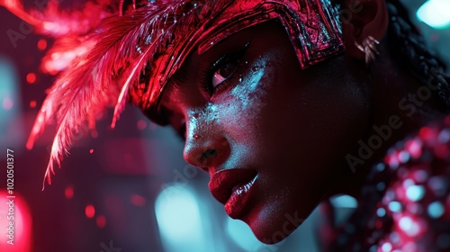 A striking portrait of an individual wearing intricate feathered headgear, predominantly red, in a dynamic setting, highlighting boldness and individuality. photo