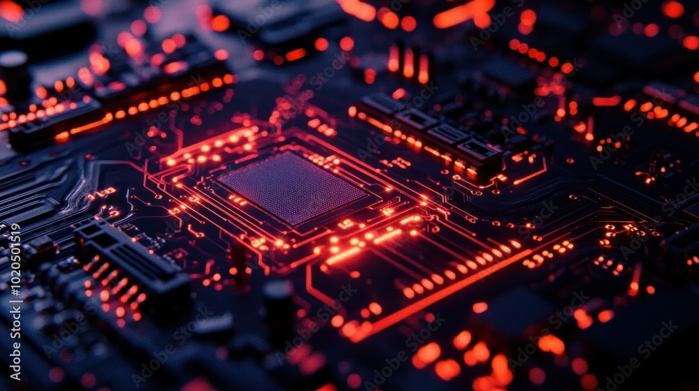 Close-up of a Circuit Board with a Processor and Glowing Red Traces Close-up of a Circuit Board with a Processor and Glowing Red Traces