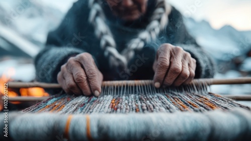 An elderly person meticulously weaves a detailed fabric amid the backdrop of snowy peaks, highlighting the grace and dedication of time-honored craftsmanship.