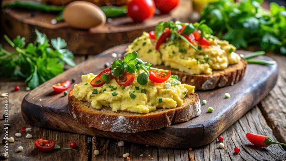 Delight in organic scrambled eggs paired with creamy smashed avocado on toasted bread. A nutritious, mouthwatering breakfast that energizes your day with every bite.