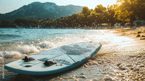 Kitesurfing Board by the Waters Edge at Sunset
