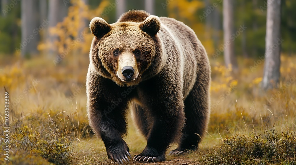 A brown bear walking through a forested area with autumn foliage. A brown bear walking through a forested area with autumn foliage.