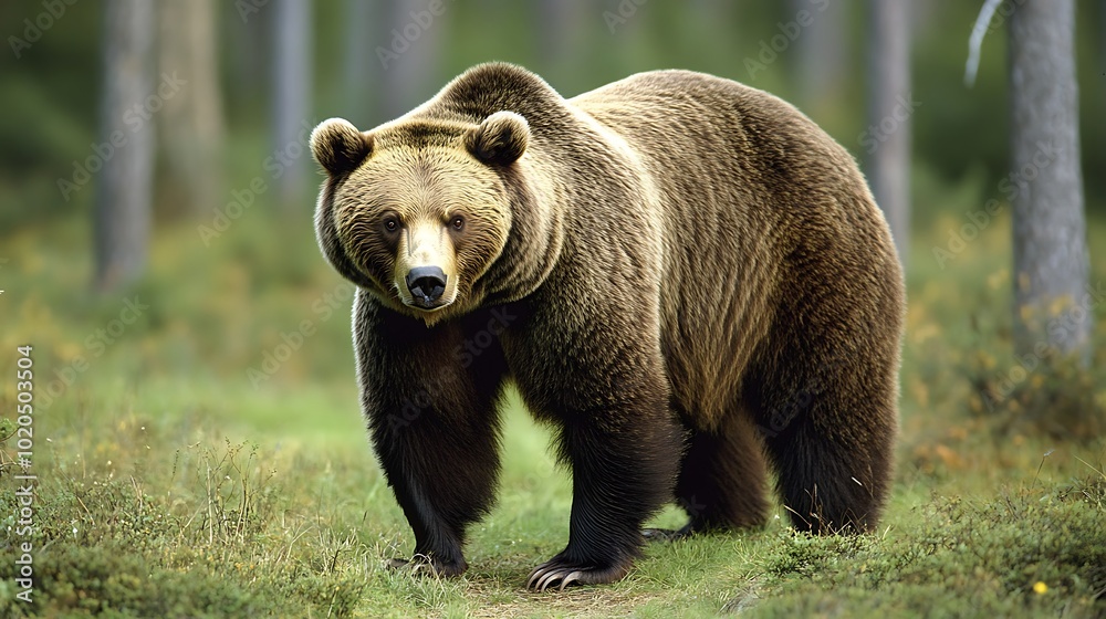 Obraz premium A large brown bear standing in a forested area, showcasing its natural habitat.