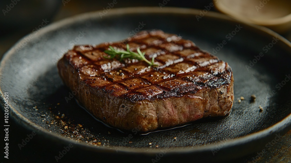 deliciously grilled beef steak with perfect sear marks served on a rustic plate set against a dark background highlighting the juicy tender meat and gourmet food presentation deliciously grilled beef steak with perfect sear marks served on a rustic plate set against a dark background highlighting the juicy tender meat and gourmet food presentation