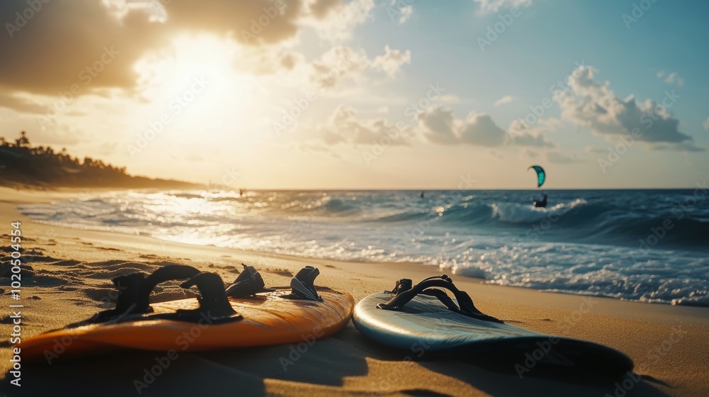 Kitesurfing Gear on Sunlit Beach at Sunset Kitesurfing Gear on Sunlit Beach at Sunset