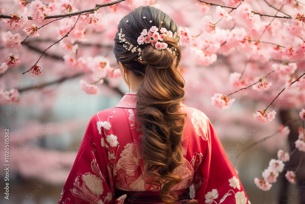 Portrait of a happy female at sakura blooming tree garden in the morning generative AI