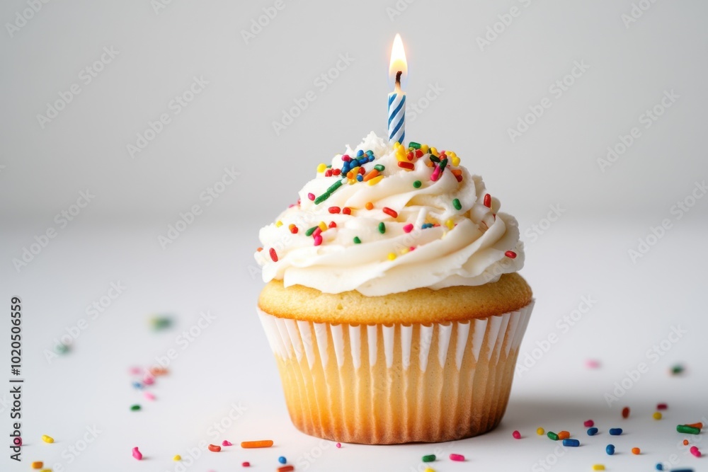 Classic birthday cupcake with white frosting and colorful sprinkles on a festive table setting Classic birthday cupcake with white frosting and colorful sprinkles on a festive table setting