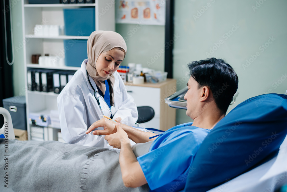 Fototapeta premium Muslim female doctors providing medical care in a modern clinic, with a focus on healthcare, patient treatment