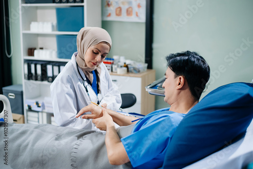 Muslim female doctors providing medical care in a modern clinic, with a focus on healthcare, patient treatment