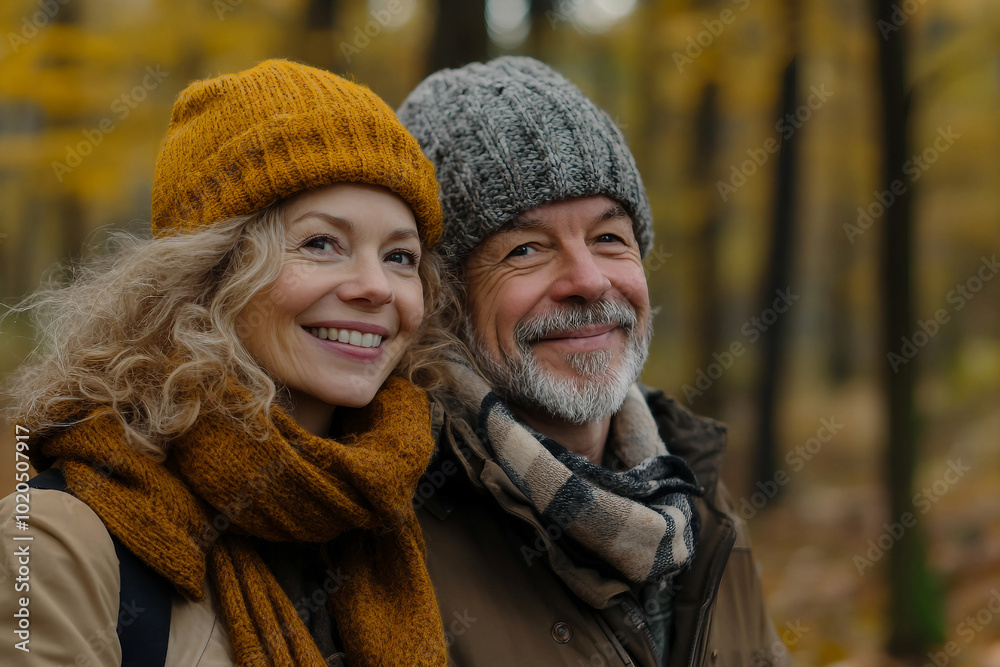 Couple traveling on honeymoon in autumn forest generative AI Couple traveling on honeymoon in autumn forest generative AI