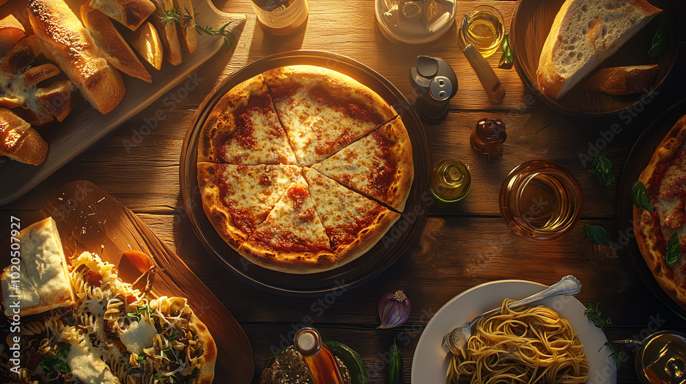 A delicious spread of various Italian dishes on a wooden table, featuring pizza, pasta, and appetizers, perfect for food lovers. A delicious spread of various Italian dishes on a wooden table, featuring pizza, pasta, and appetizers, perfect for food lovers.