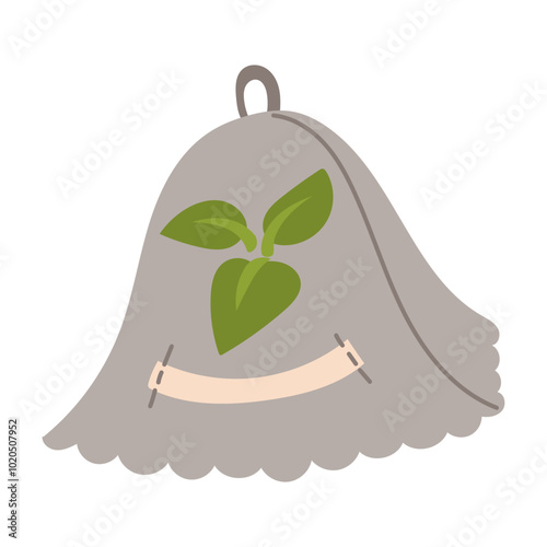 grey hat for a bathhouse with drawings of leaves. A head accessory for saunas, baths, steam rooms. The headdress is warm when steaming for a bath, an isolated object. Flat color illustration with line