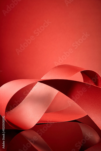 A red paper ribbon flows and twists in an unending loop against a deep red background, creating a space that could easily used for display merchandise and text. photo