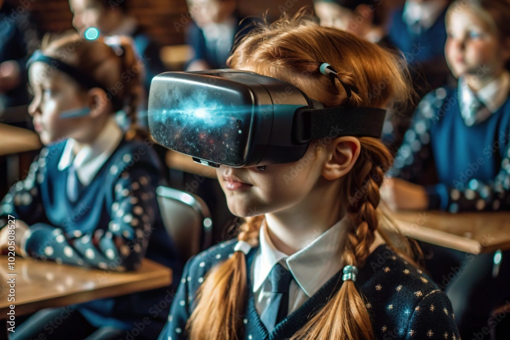 Close-up of a girl wearing virtual reality glasses. The child is in the classroom, with other students in the background. The digital interface is displayed in the headphones. Close-up of a girl wearing virtual reality glasses. The child is in the classroom, with other students in the background. The digital interface is displayed in the headphones.