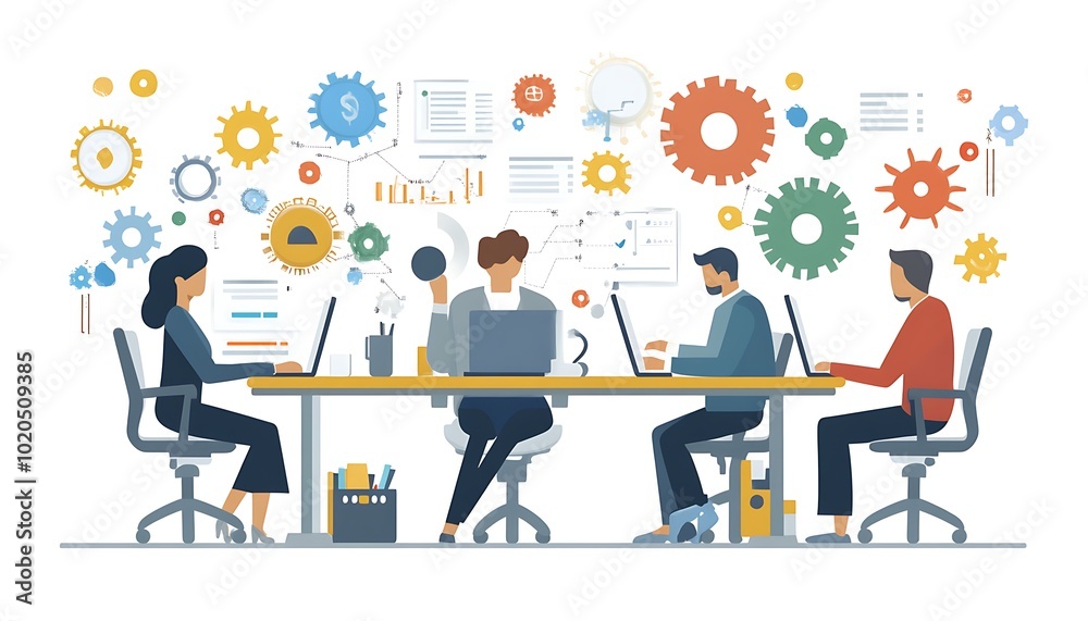 Team of four collaborating in a modern office setting Team of four collaborating in a modern office setting