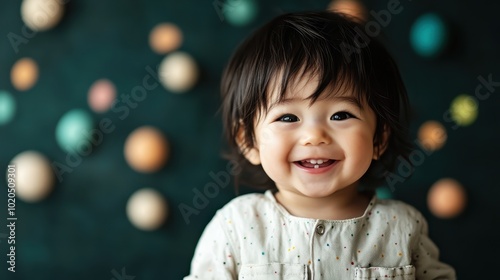 A joyful image of a smiling child posed in front of a whimsical backdrop adorned with playful orbs, evoking a sense of happiness and innocence.